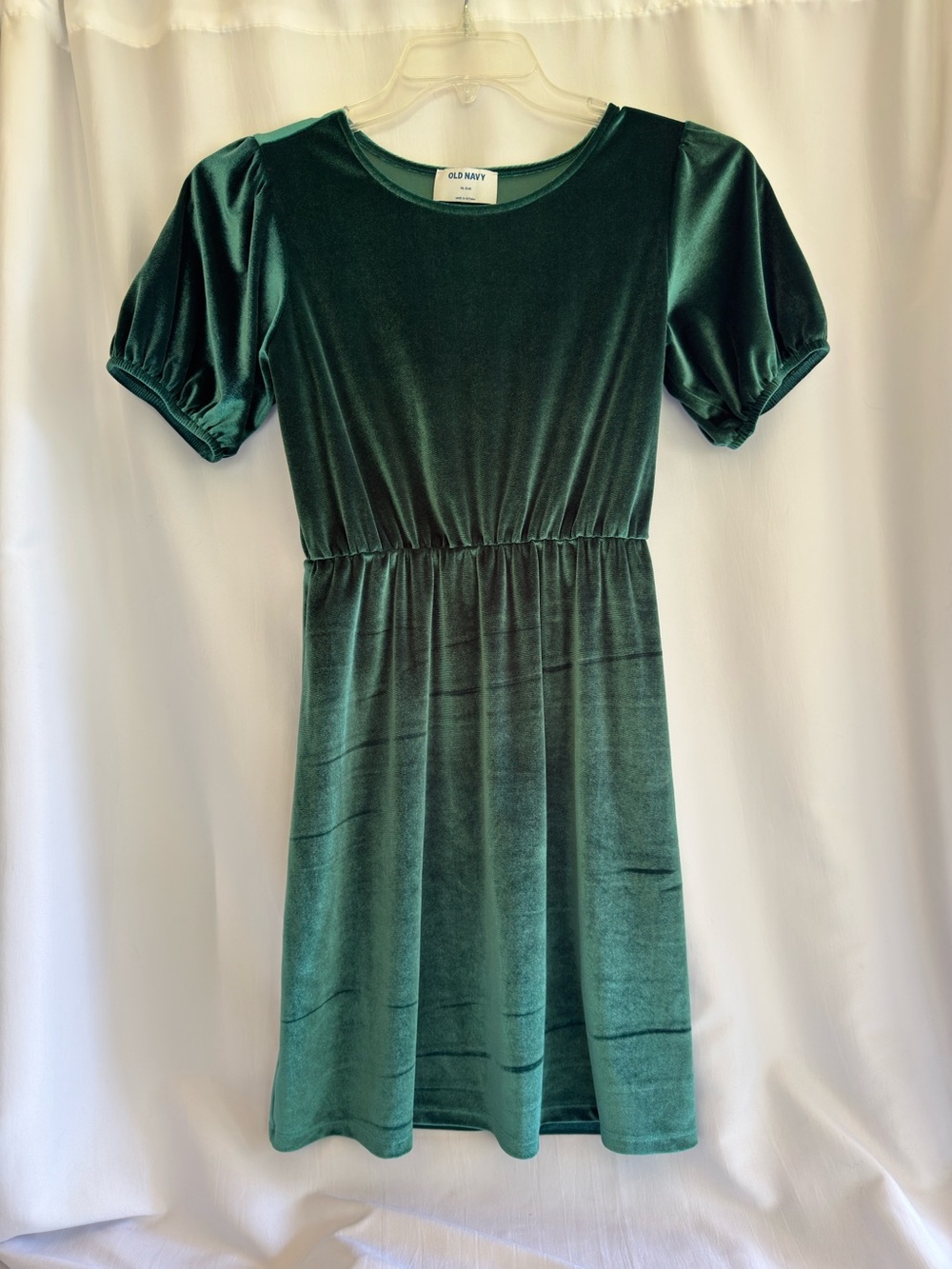 Old Navy Dark Emerald Green Velvet Puff Sleeve Dress Girls XL (14) NWOT